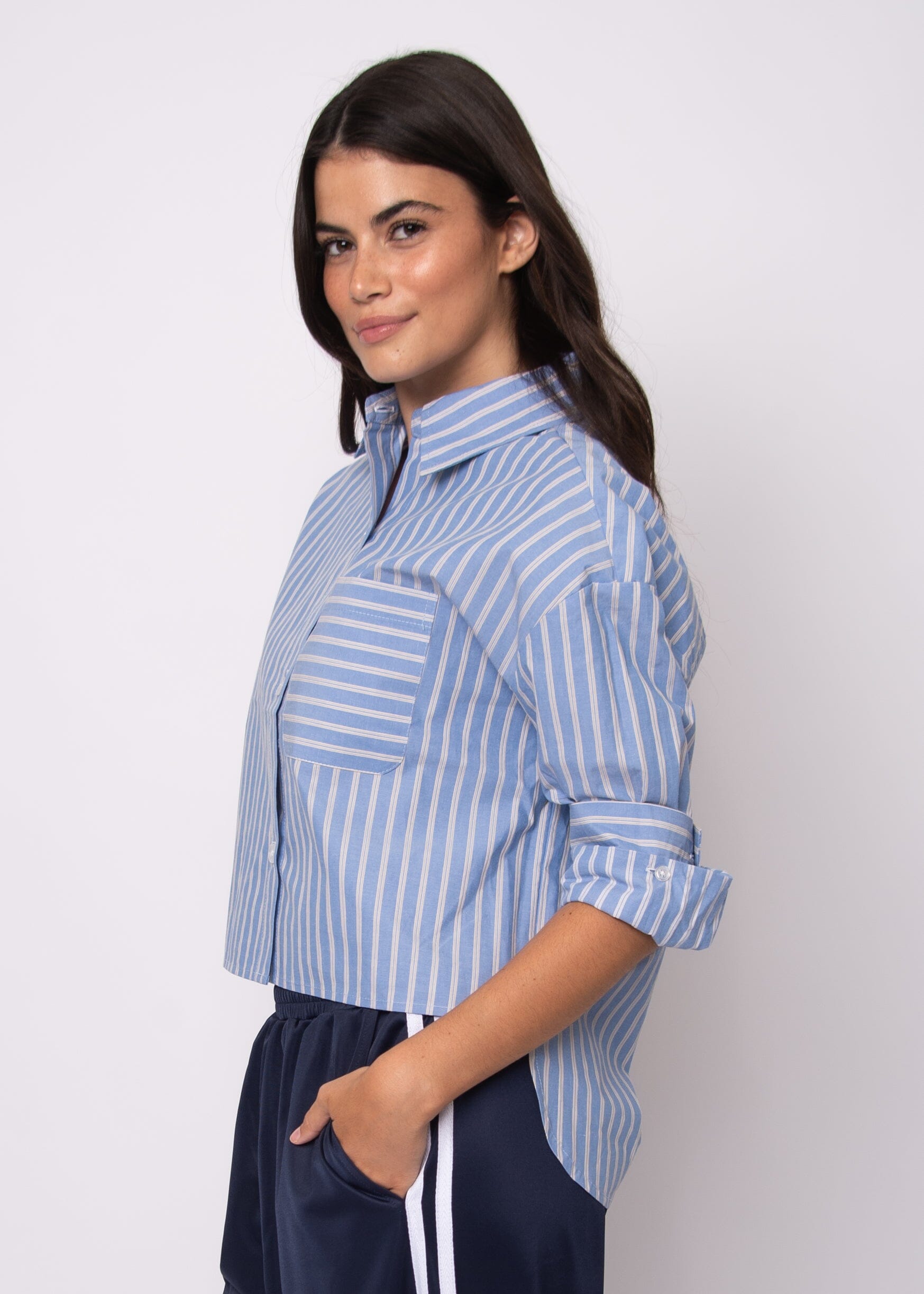 blue and white striped blouse, striped work shirt women blue, blue poplin button up women, striped business casual blouse blue