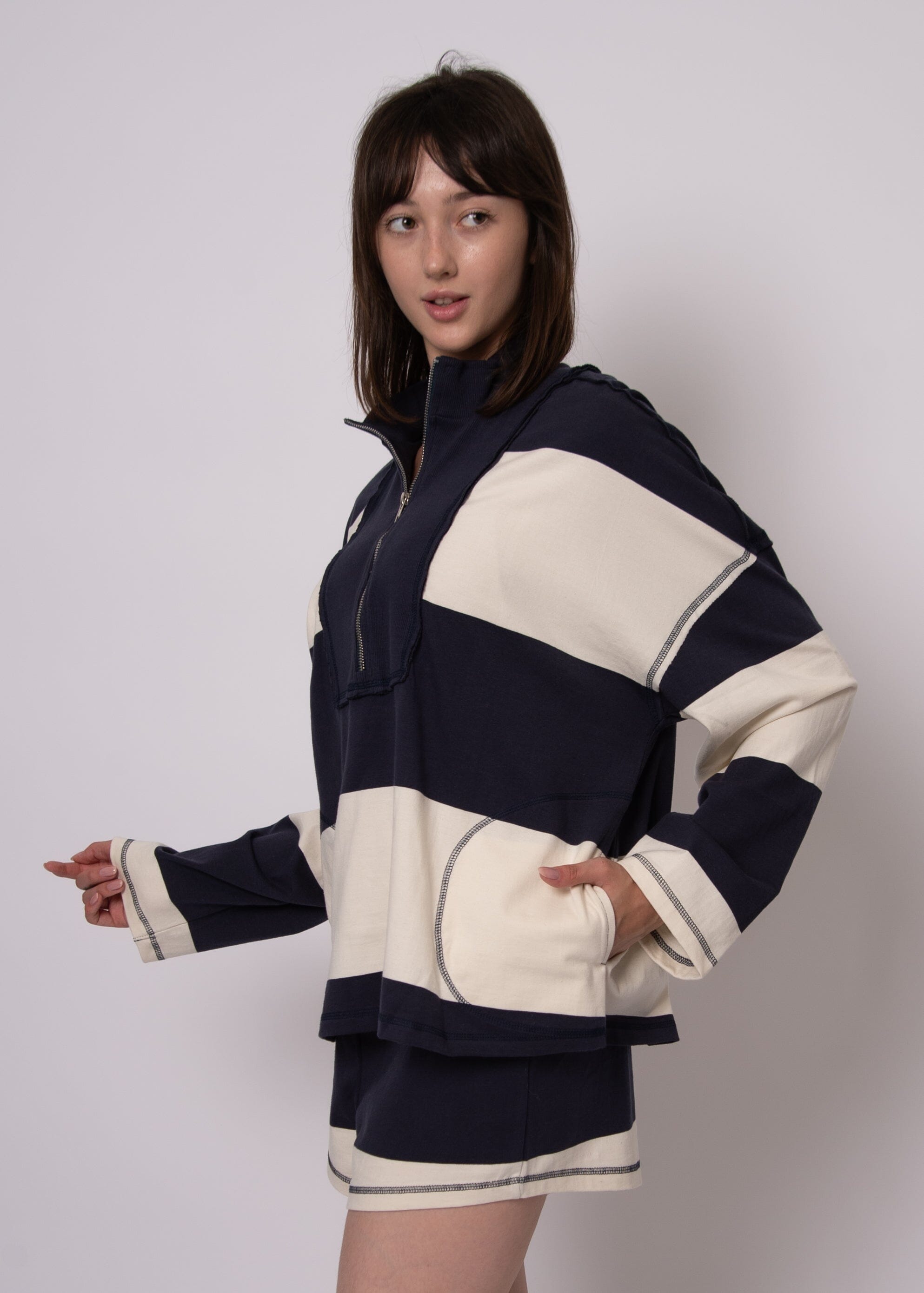 comfy lounge half zip women, relaxed sporty sweater women, casual cool half zip top, navy white stripe sweatshirt, easy everyday pullover women, trendy athleisure top women
