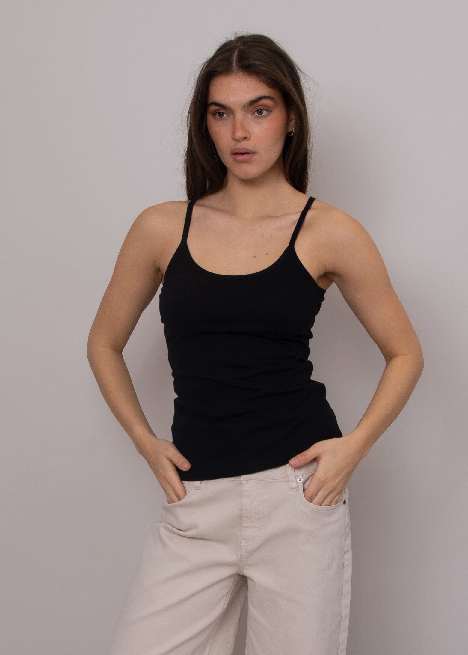 soft fabric black tank top, versatile black tank women, clean silhouette black top