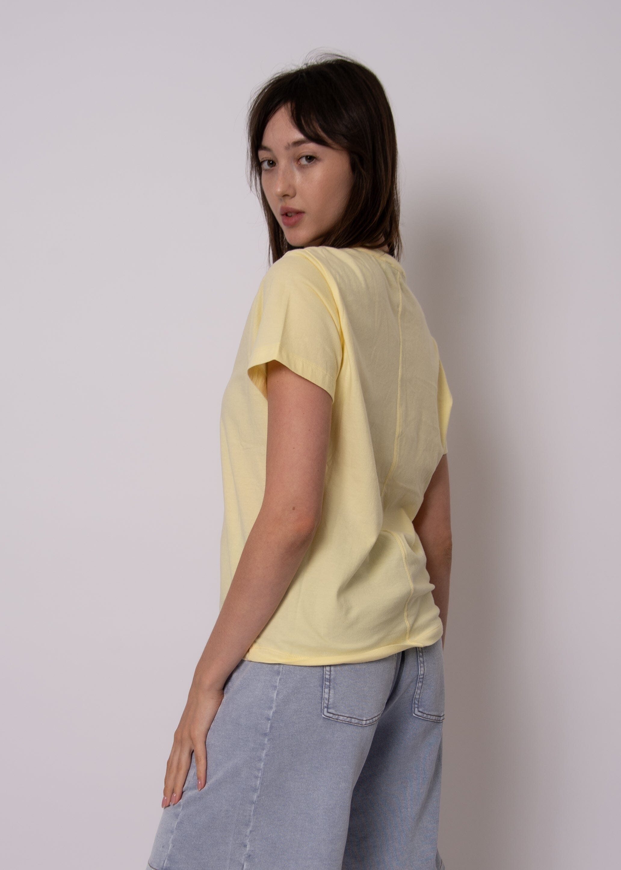 simple yellow tee women, fresh color t shirt yellow, relaxed crew neck yellow tee, soft pastel tee women, neutral bright yellow top, effortless style yellow tee