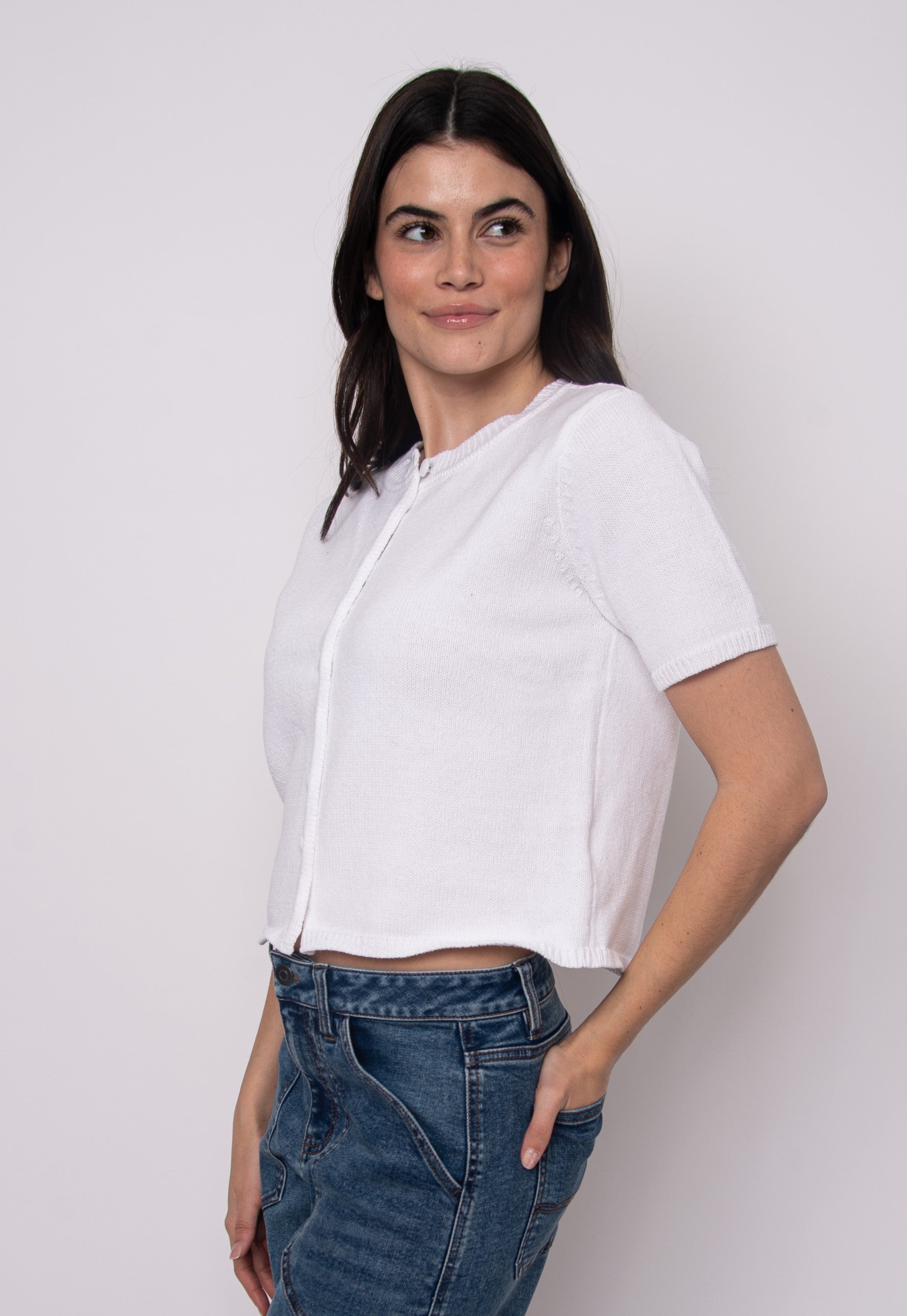 white summer knit top, minimalist cardigan women, classic white knitwear, cropped knit cardigan