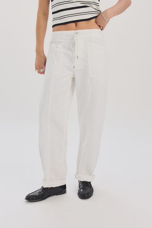 white barrel leg pants, white drawstring pants women, relaxed white pants, casual white trousers, lightweight summer pants