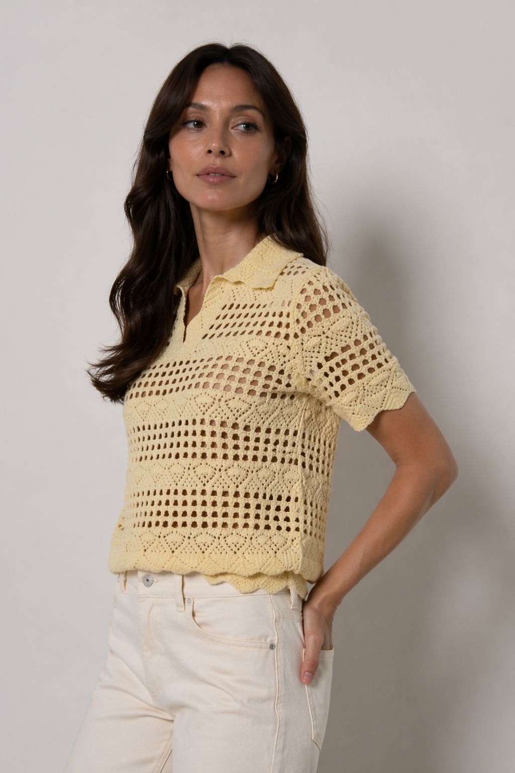 YELLOW SCALLOPED KNIT TOP Top RD STYLE
