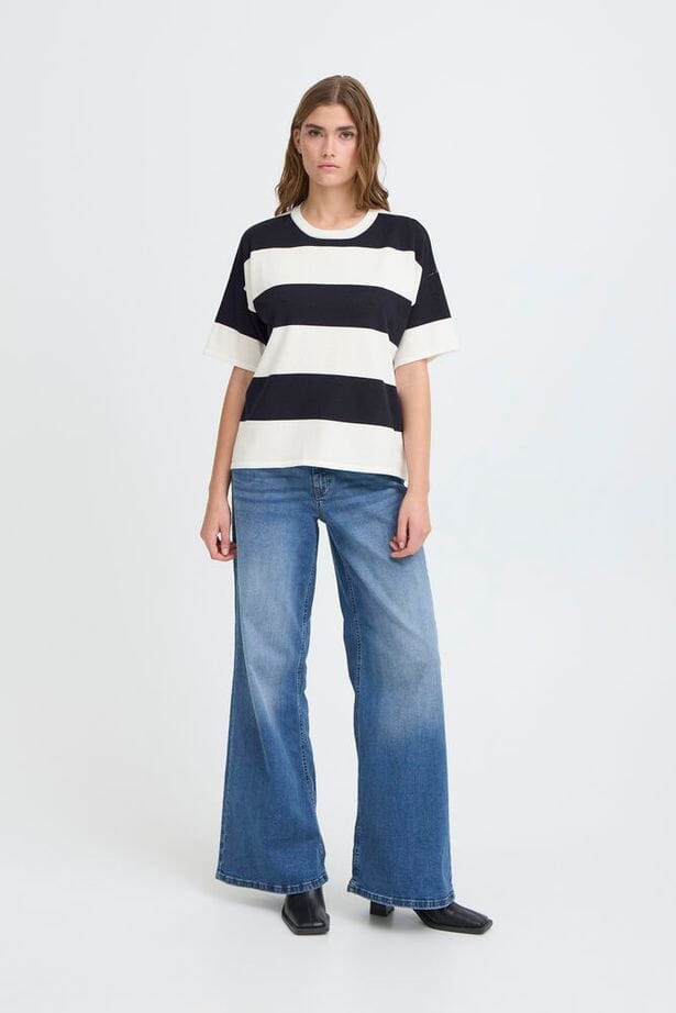 casual navy stripe shirt, relaxed fit knit top