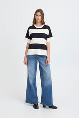 casual navy stripe shirt, relaxed fit knit top