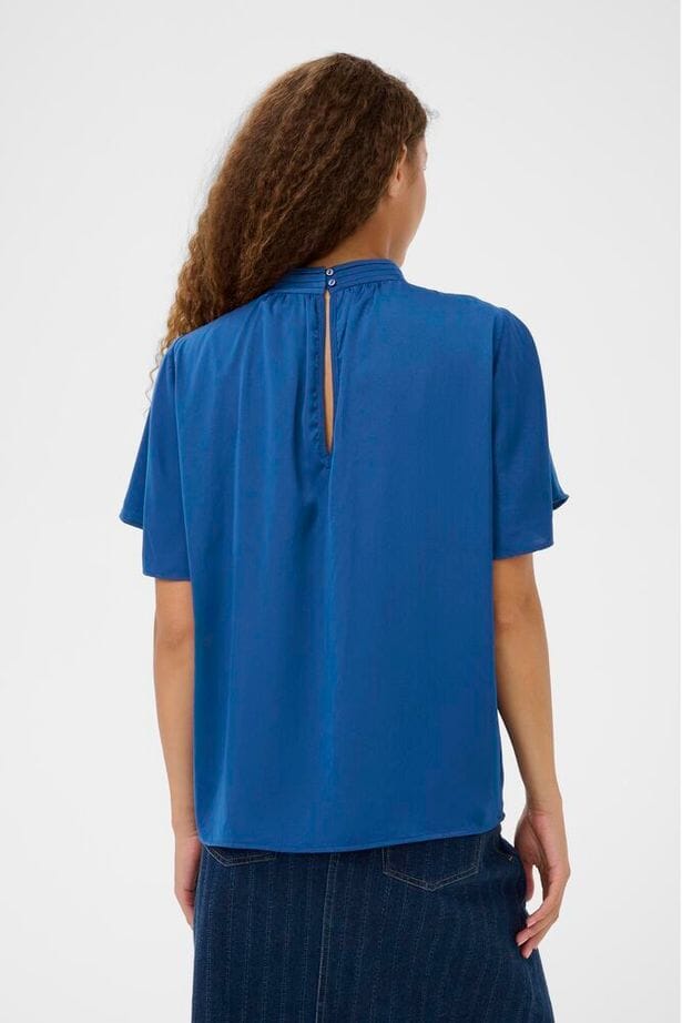 work ready blue blouse, timeless blue top, polished casual blouse