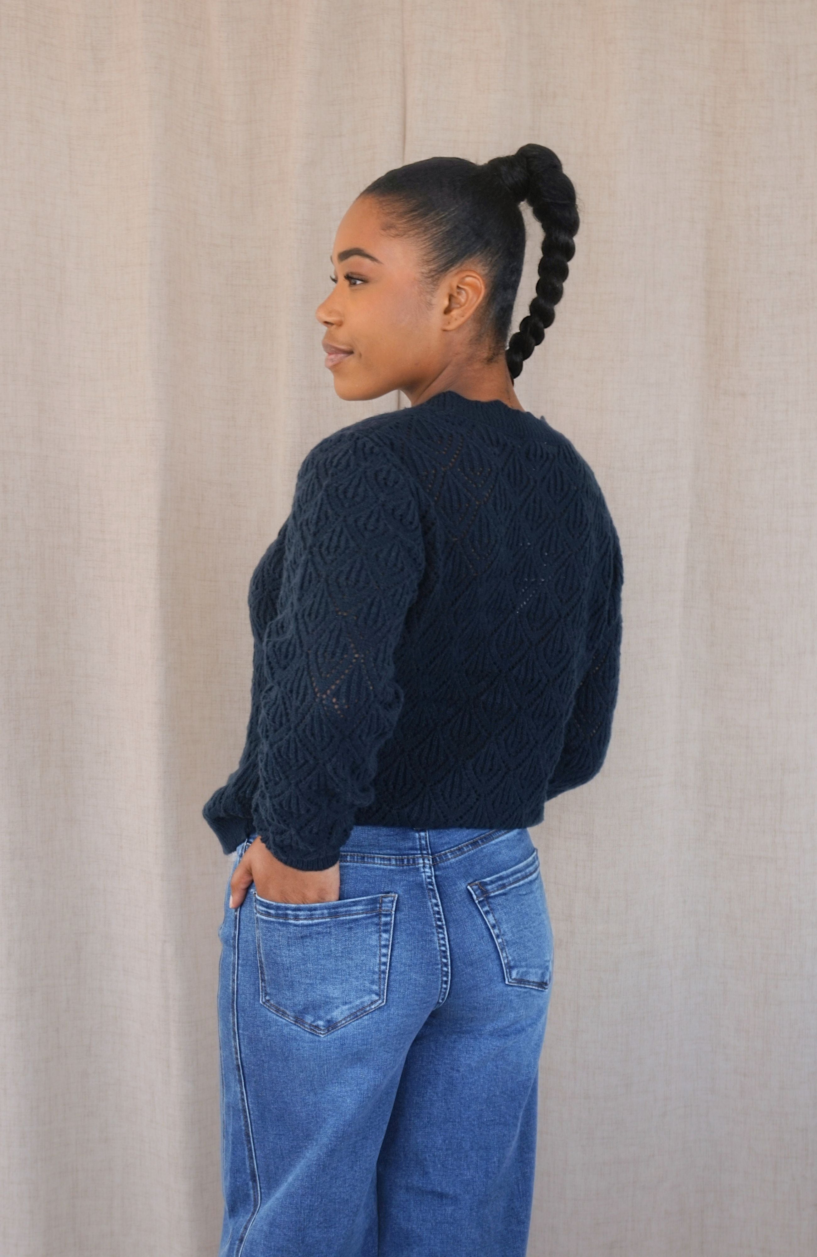 NAVY POINTELLE CARDIGAN