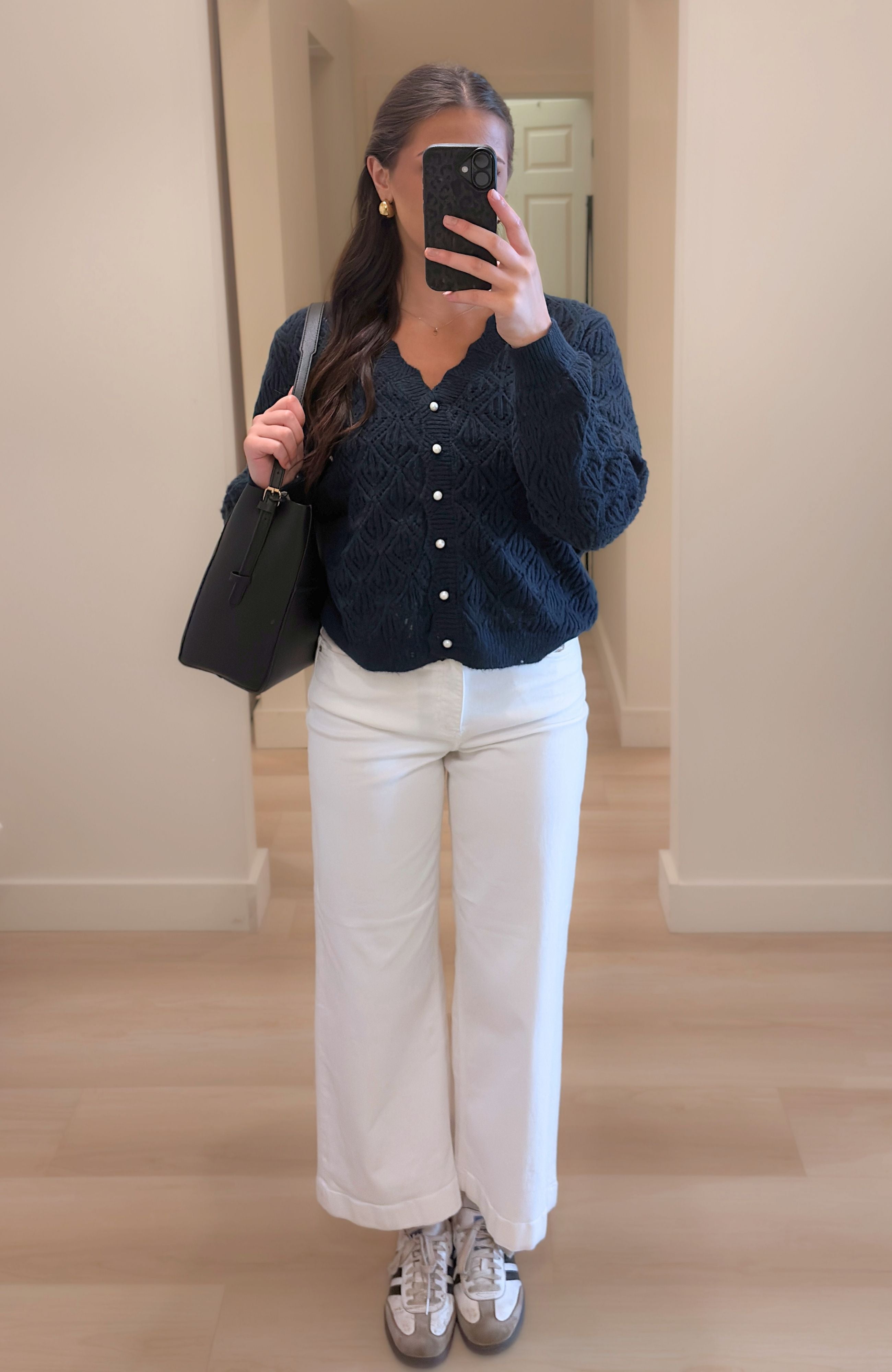 NAVY POINTELLE CARDIGAN
