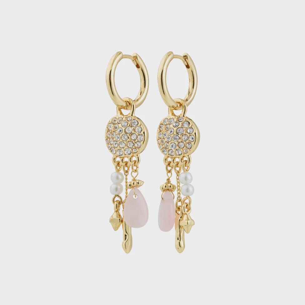 SHIFT GOLD COIN DROP EARRINGS, PILGRIM, gold coin drop earrings, crystal gold statement earrings, pink stone and pearl earrings, gold dangle charm earrings 