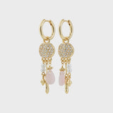 SHIFT GOLD COIN DROP EARRINGS, PILGRIM, gold coin drop earrings, crystal gold statement earrings, pink stone and pearl earrings, gold dangle charm earrings 