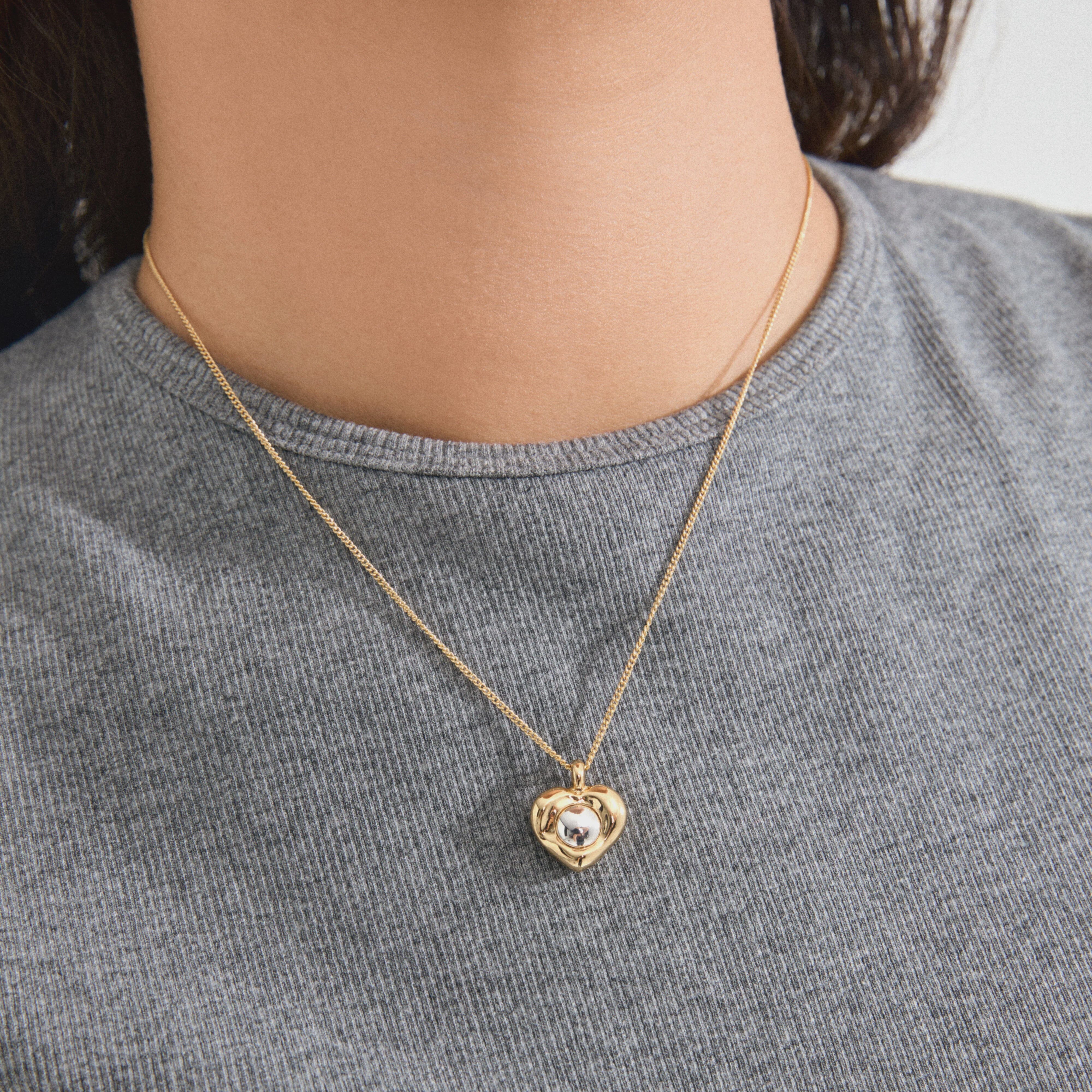 gold heart necklace for women, mixed metal necklace, gold plated heart pendant, silver and gold jewelry, layered gold necklace, trendy heart necklace, womens gold jewelry, everyday gold necklace, gold plated necklace