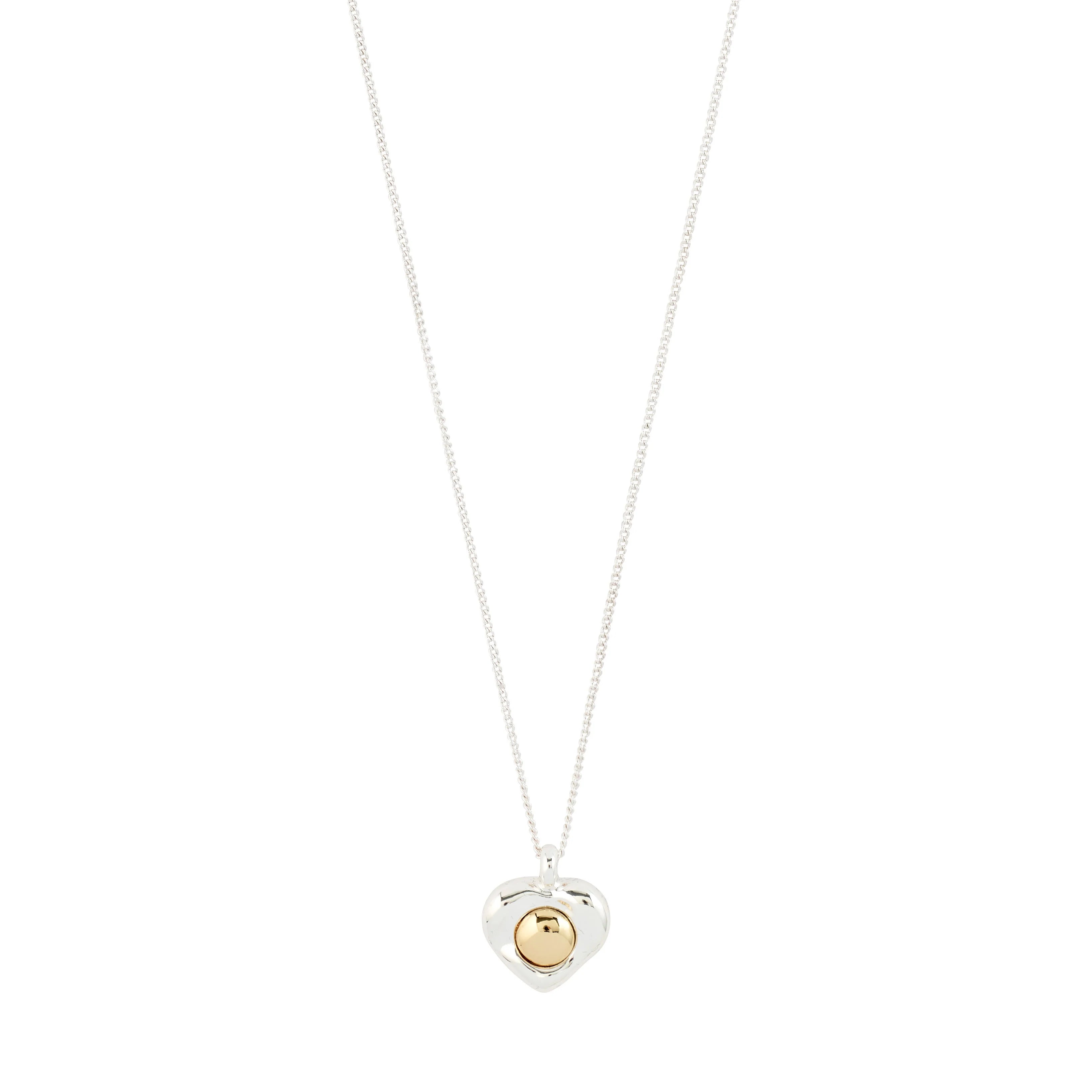 chic silver necklace, cute layered jewelry, heart charm necklace, everyday statement necklace, trendy womens accessories, silver chain heart necklace, fashionable mixed metal jewelry