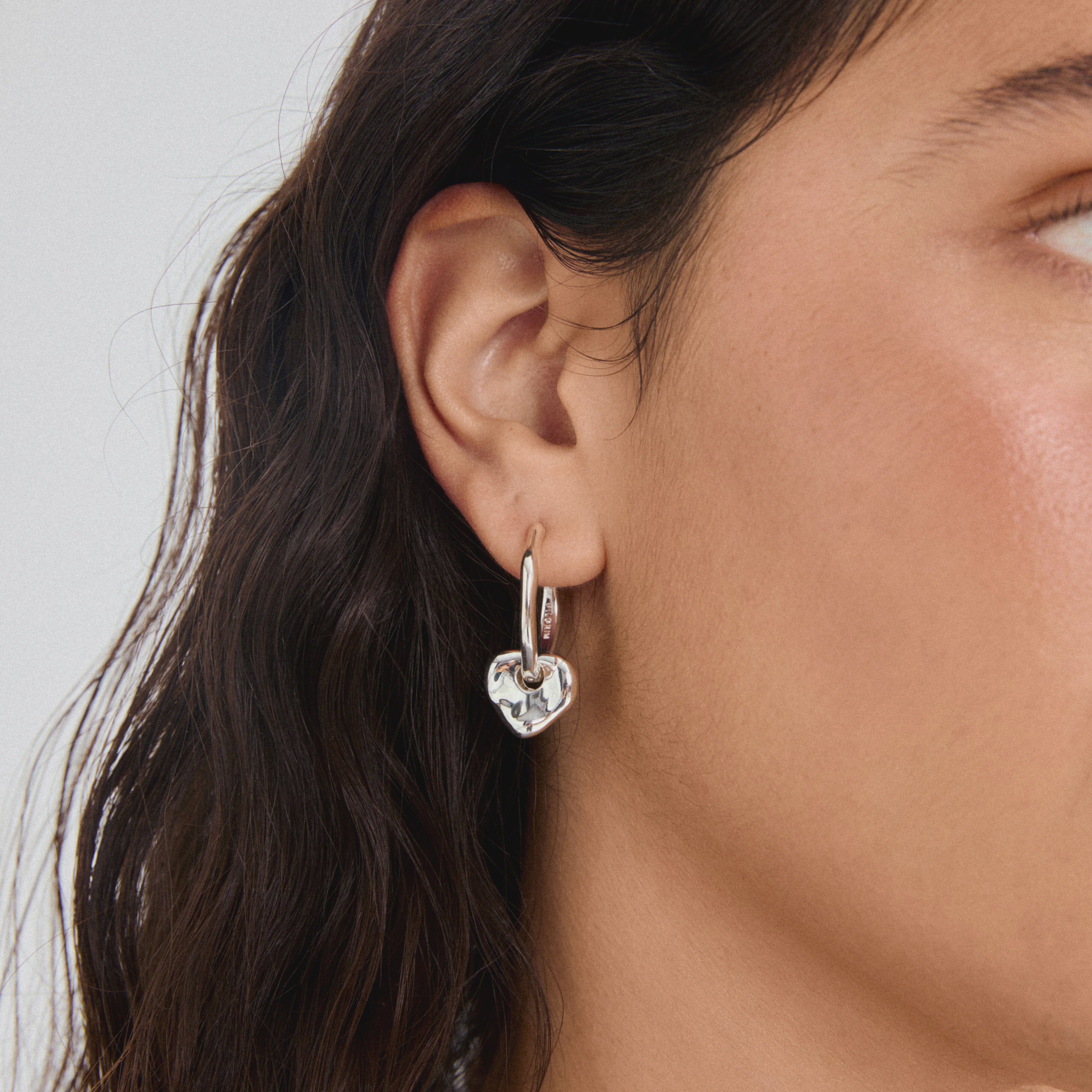 PILGRIM EARRINGS, PILGRIM, silver heart hoop earrings, silver plated hoop earrings, heart pendant earrings, trendy silver earrings, statement hoop earrings, chunky silver earrings, womens silver jewelry