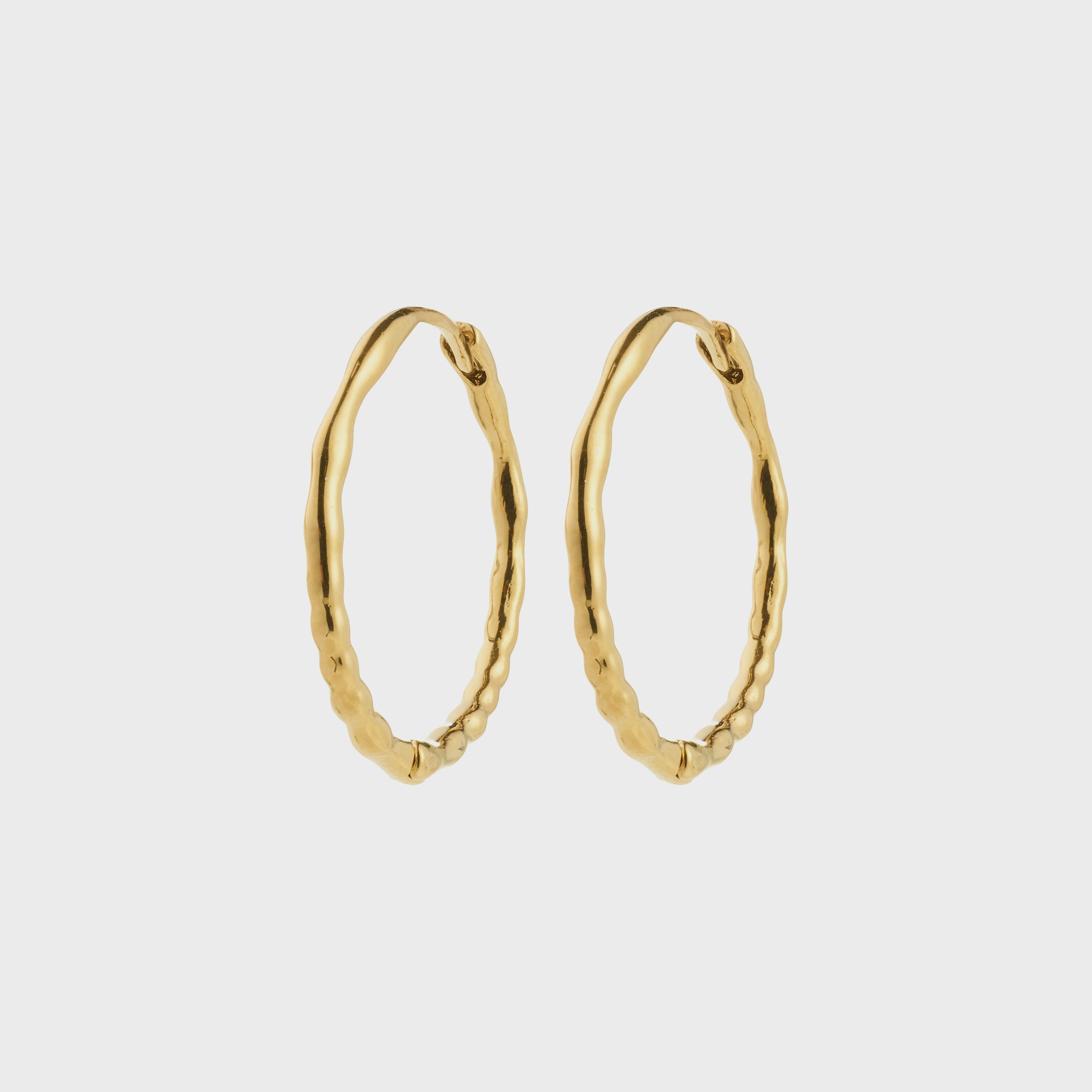 BETWEEN GOLD HOOPS, PILGRIM, textured gold hoops, irregular gold earrings