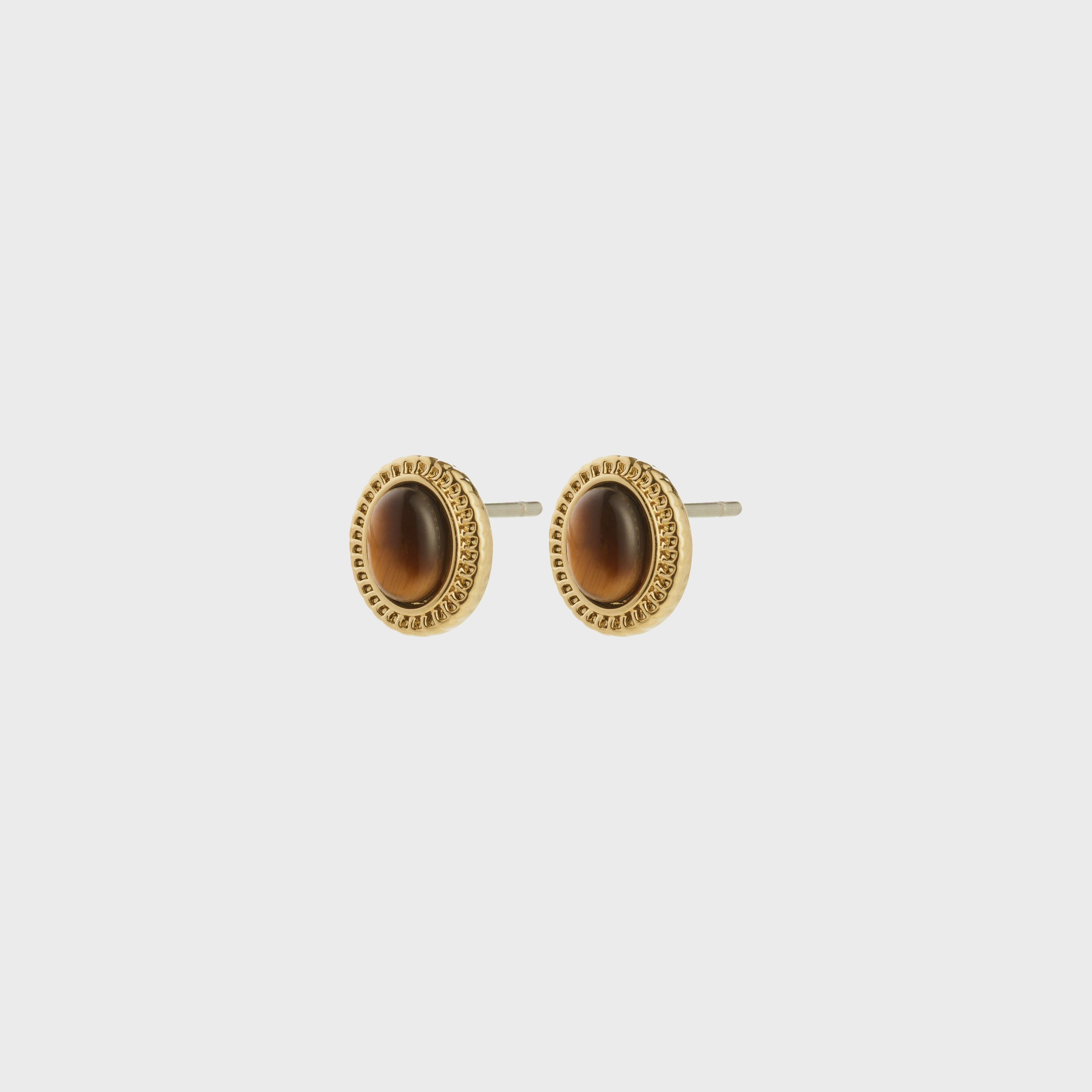 BETWEEN GOLD STUDS, PILGRIM, tiger’s eye gold studs, vintage inspired gold earrings, gold plated gemstone studs, modern gold stud earrings 