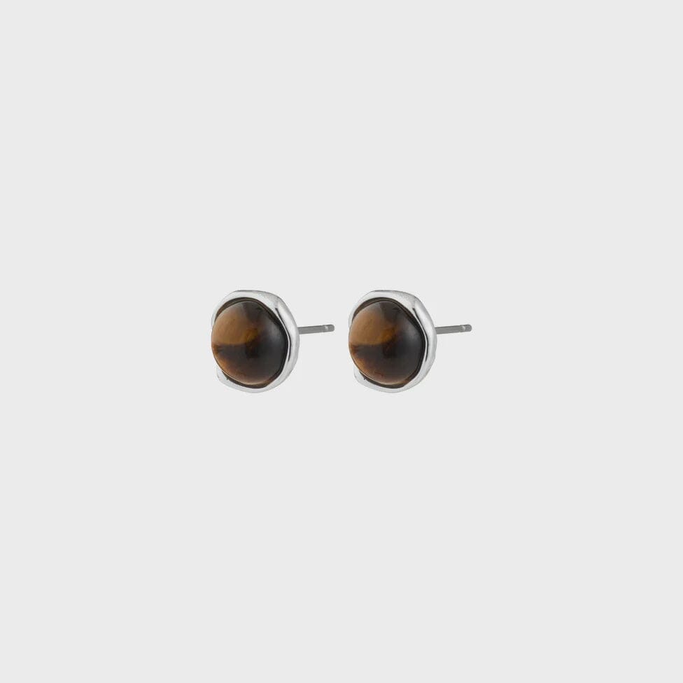 TIGER EYE STUDS, PILGRIM, tiger eye earrings, silver gemstone studs, natural stone earrings, earthy jewelry, polished brown gemstone studs 