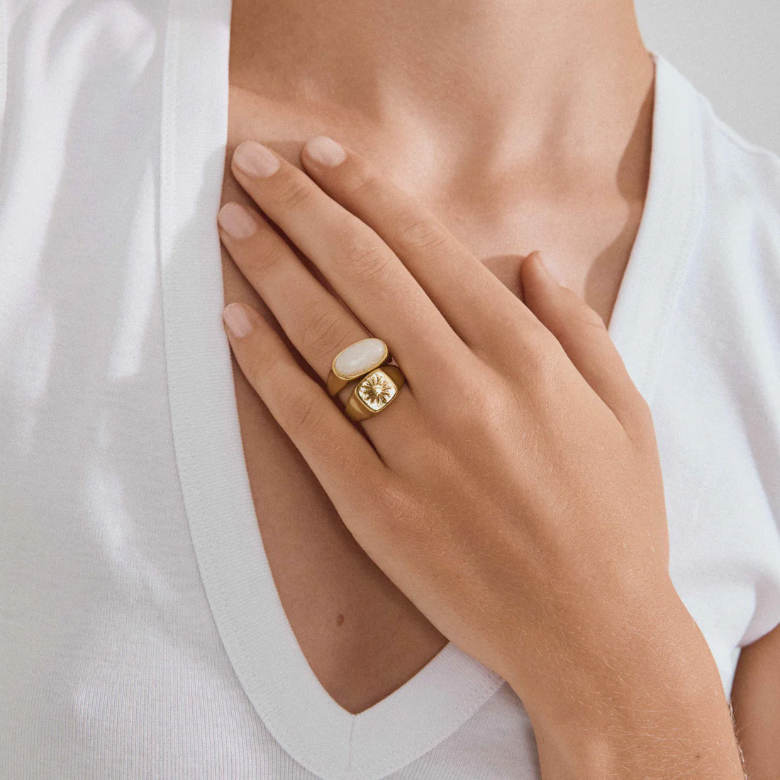 PILGRIM, gold plated signet rings, women's gold plated ring set, stacked ring set women, gold statement rings, signet ring set, gold plated jewelry women, adjustable ring set, sunburst ring women, ivory stone ring, gold fashion rings, trendy rings for women, statement ring set, stacking rings women, coastal inspired jewelry