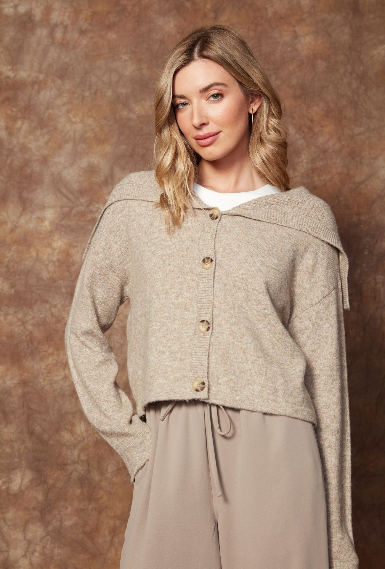 SAILOR NECK CARDIGAN , beige, Cardigan, RD STYLE, Beige sailor neck cardigan with button front design, Women’s neutral knit cardigan featuring sailor-inspired collar, Casual beige cardigan styled with relaxed silhouette