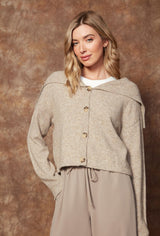 SAILOR NECK CARDIGAN , beige, Cardigan, RD STYLE, Beige sailor neck cardigan with button front design, Women’s neutral knit cardigan featuring sailor-inspired collar, Casual beige cardigan styled with relaxed silhouette