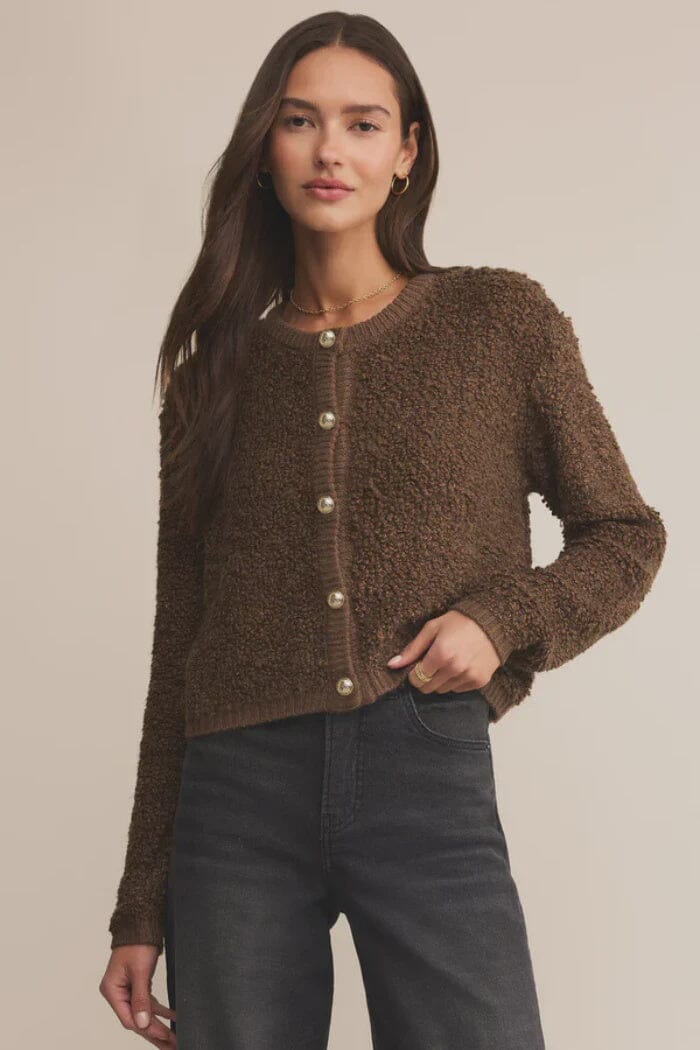 MAXIE CROP CARDIGAN, z supply, cropped brown cardigan, textured knit cardigan, cozy crop sweater, brown button cardigan