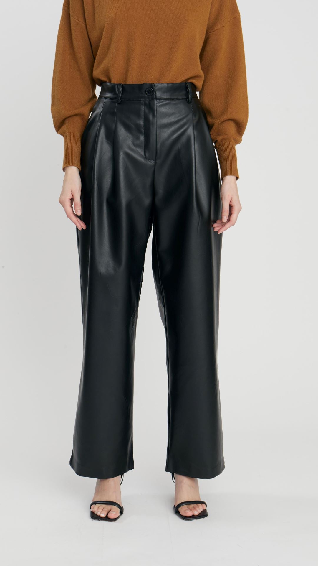 PLEATED BLACK LEATHER TROUSER PANT DELUC 