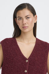 burgundy knit vest, button front sweater vest, cozy sleeveless knit, textured knit waistcoat