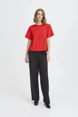 red bow blouse, open back bow top, women’s red short sleeve blouse