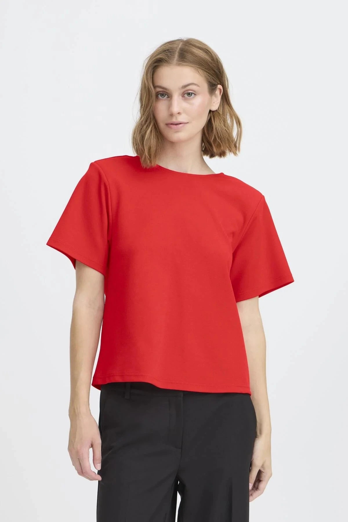 open back red shirt, playful bow detail top, vibrant red women’s top