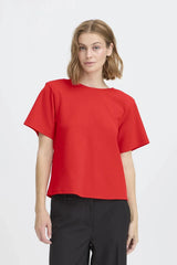 open back red shirt, playful bow detail top, vibrant red women’s top