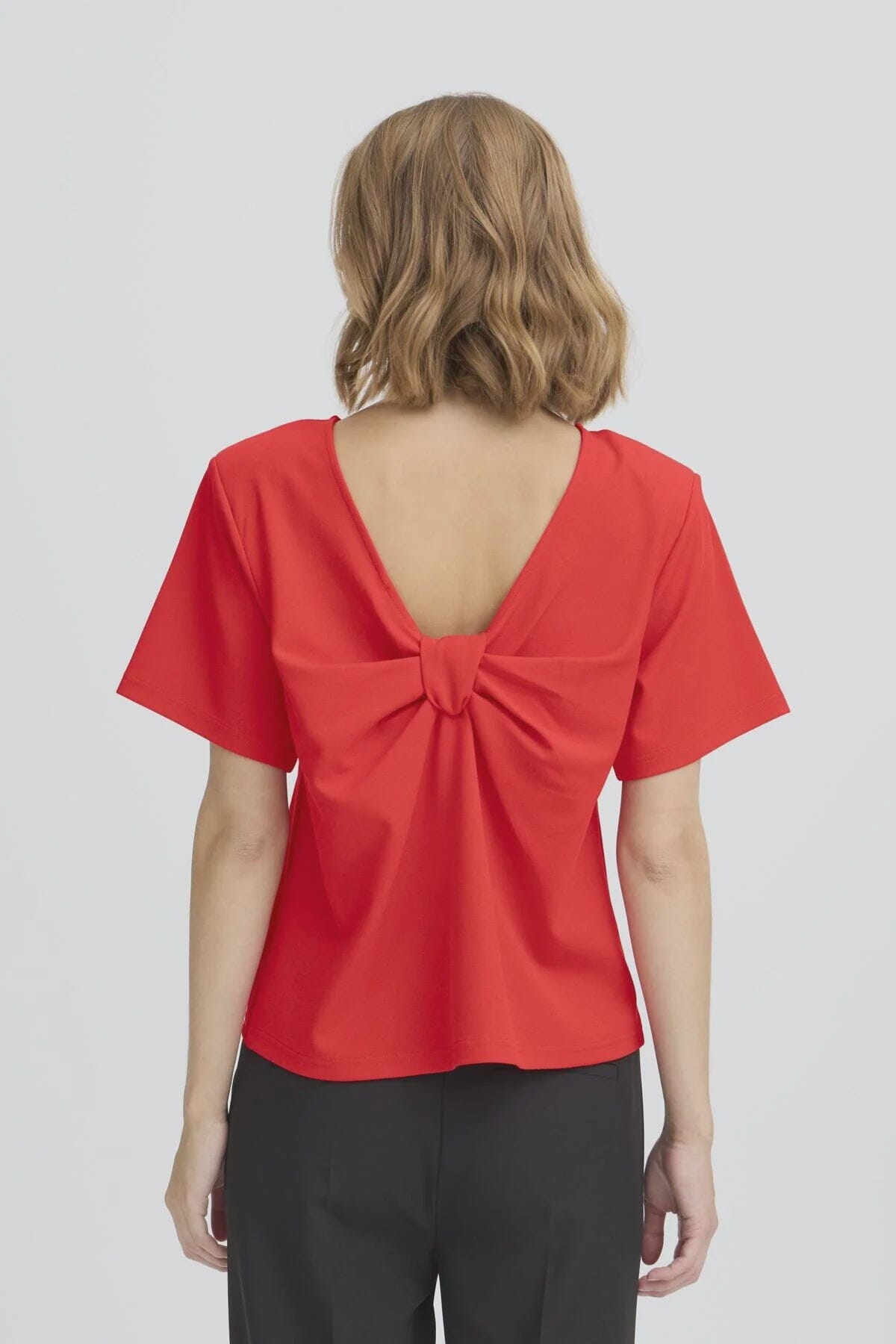 RED BOW BACK BLOUSE, ICHI, red flared sleeve top, bow accent blouse, modern red fashion blouse