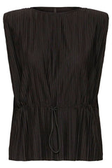 BLACK DRAWSTRING BLOUSE, ICHI, black drawstring blouse women, sleeveless black blouse women, pleated black top women