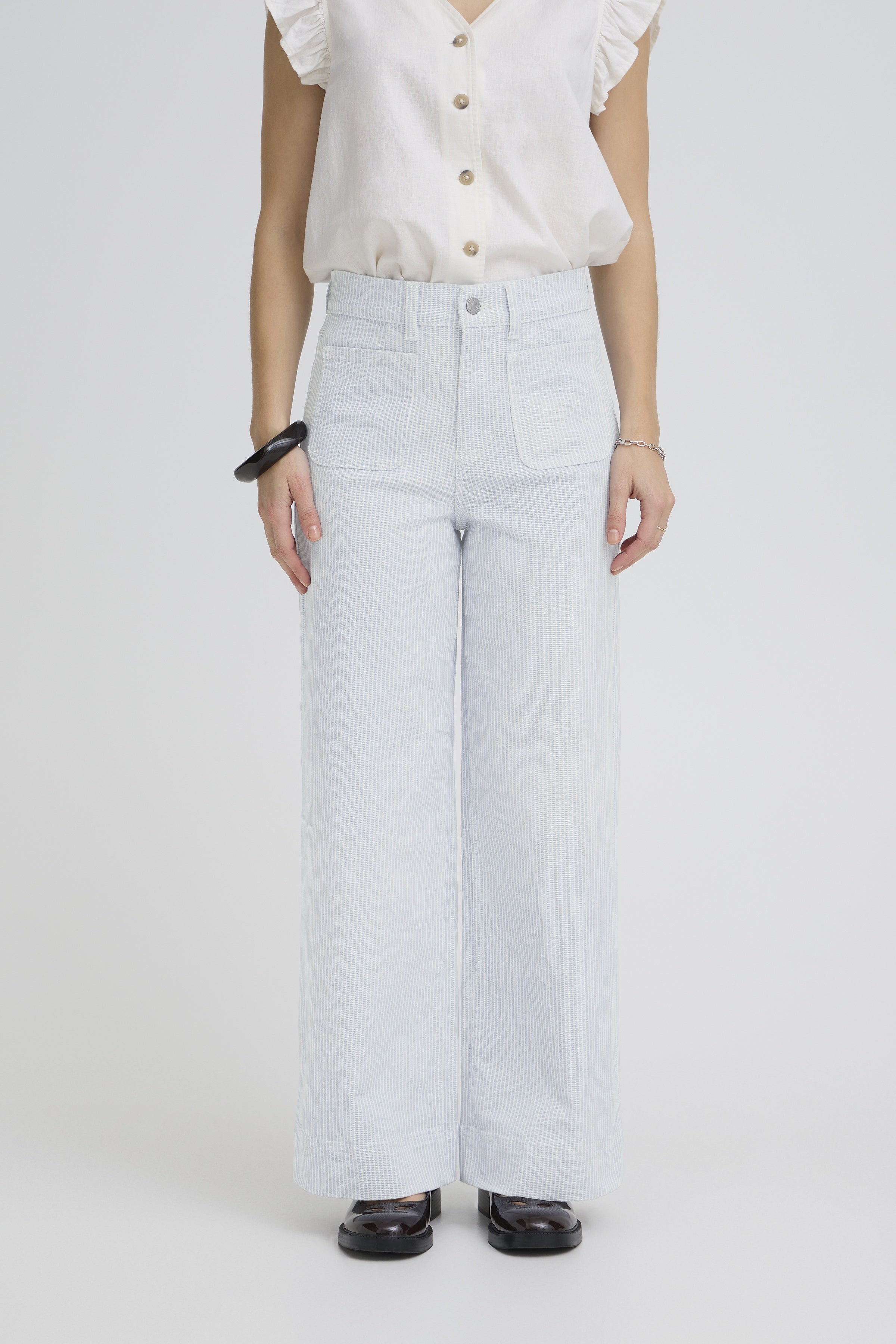 pinstripe wide leg jeans, striped wide leg pants women, blue stripe jeans women, lightweight wide leg denim