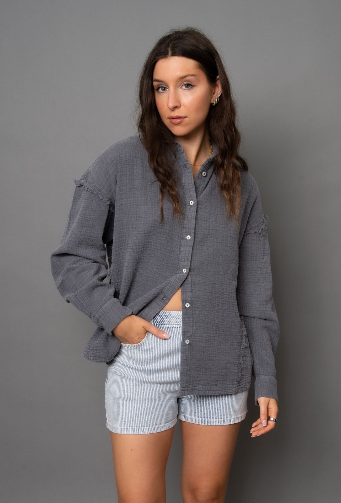 BUTTON FRONT SHIRT, GREY Top, RD STYLE 