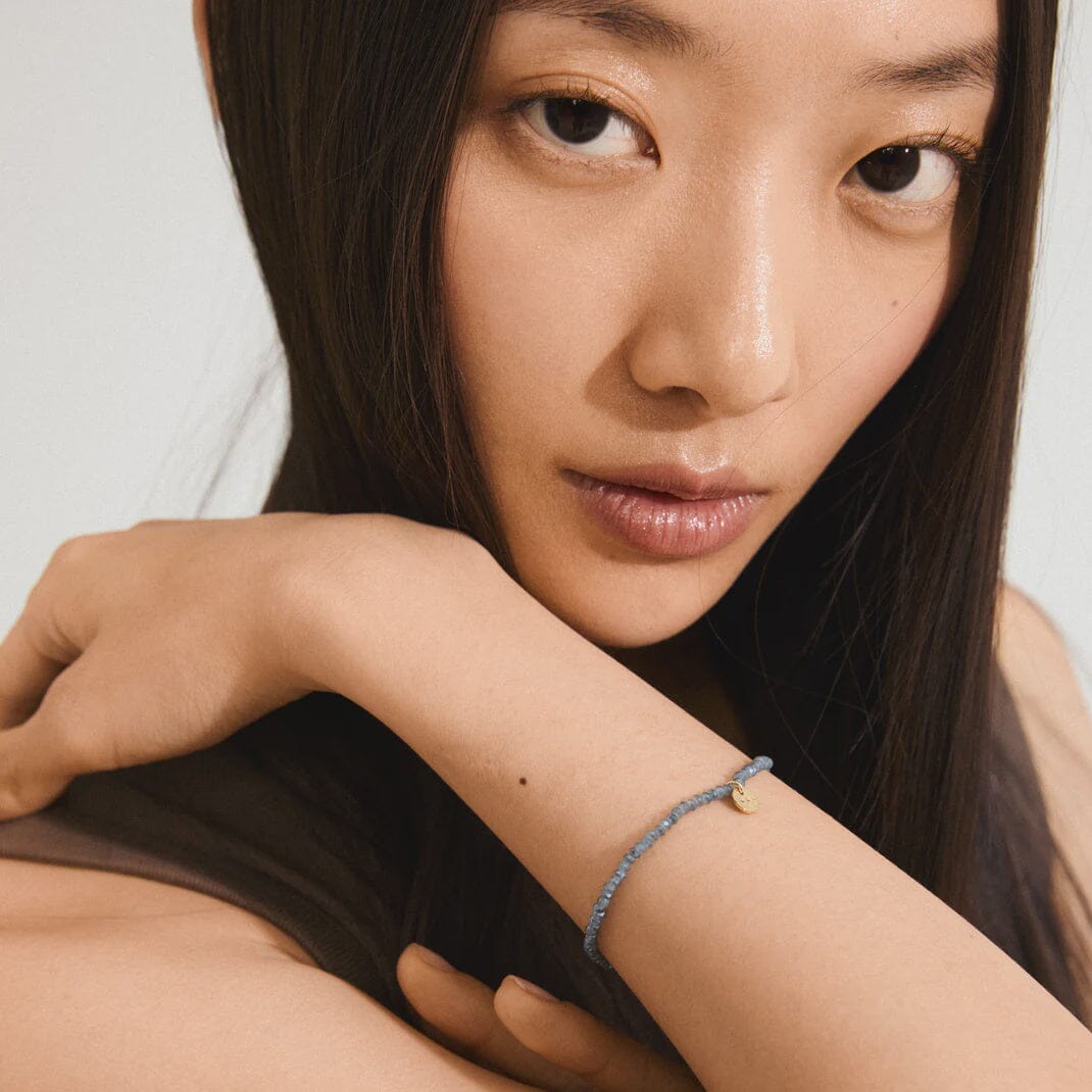 INDIE BRACELET, PILGRIM, dusty blue beaded bracelet, gold charm bracelet, muted blue bracelet, minimalist gold bracelet, gold plated jewelry, blue beaded bracelet