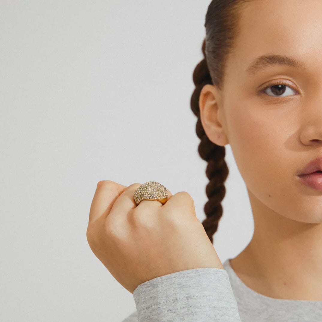 shiny gold accessory, crystal embellished ring, evening gold ring, bold sparkle ring