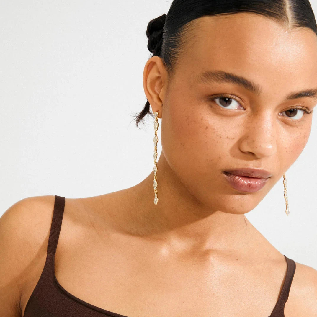 sparkly gold drops, crystal embellished earrings, modern gold accessories, evening statement earrings