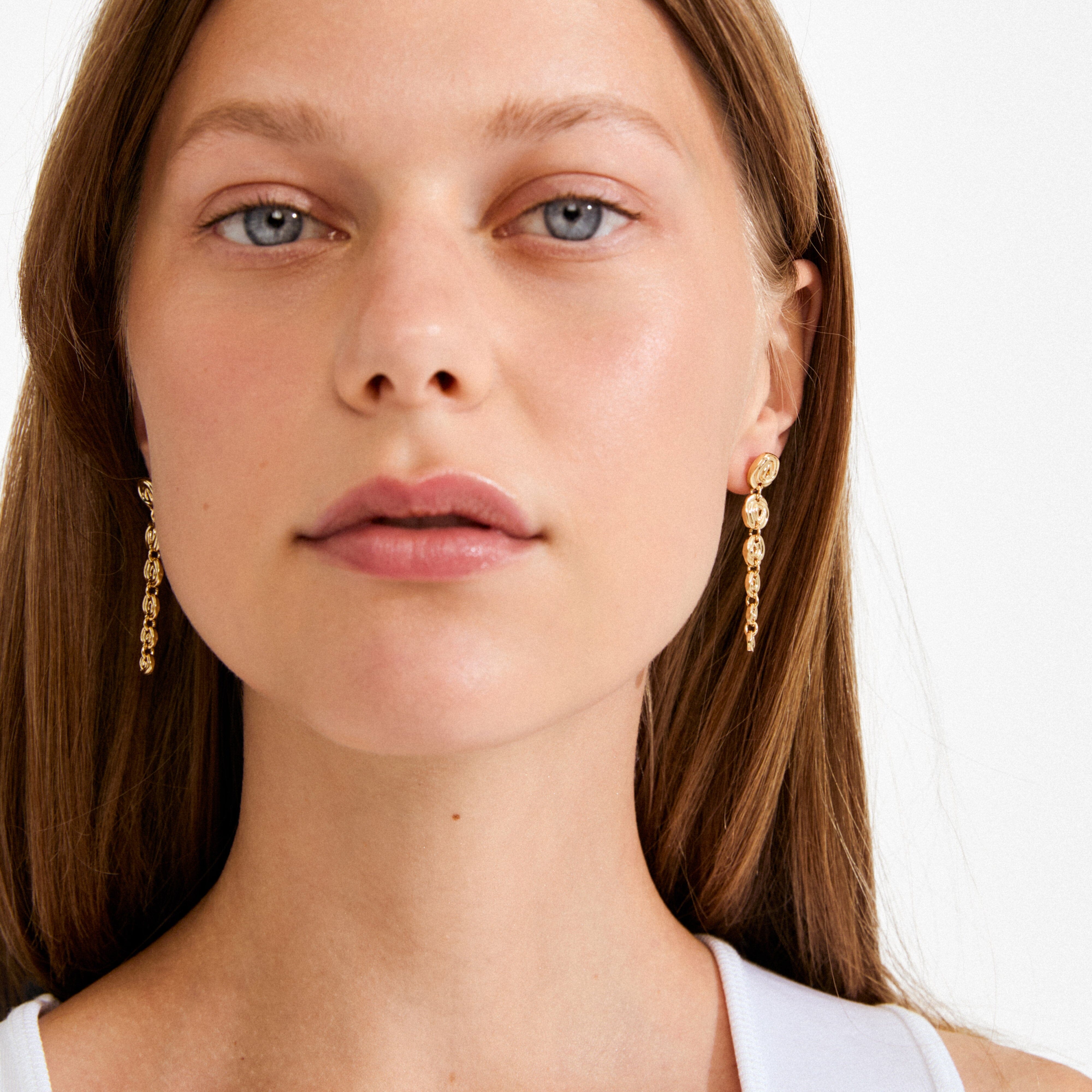 PILGRIM, air drop earrings, gold plated drop earrings, spiral gold earrings, statement gold earrings