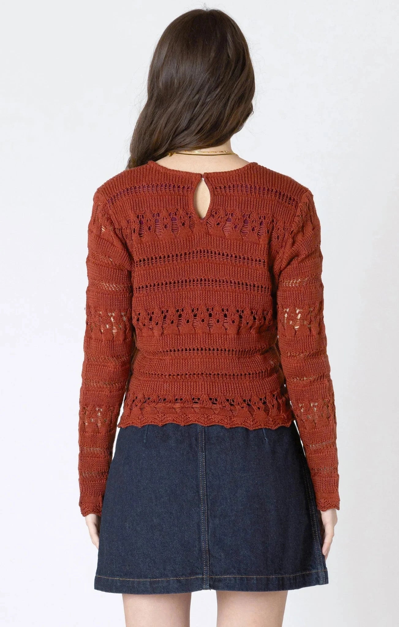 cozy breathable sweater, warm rust knit pullover, casual open weave sweater