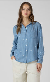 EMBROIDERED BUTTON DOWN SHIRT, Dex , embroidered button down shirt women, embroidered denim shirt women