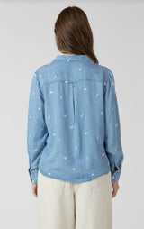 blue embroidered shirt women, lightweight denim button down, relaxed fit embroidered shirt, everyday denim shirt women