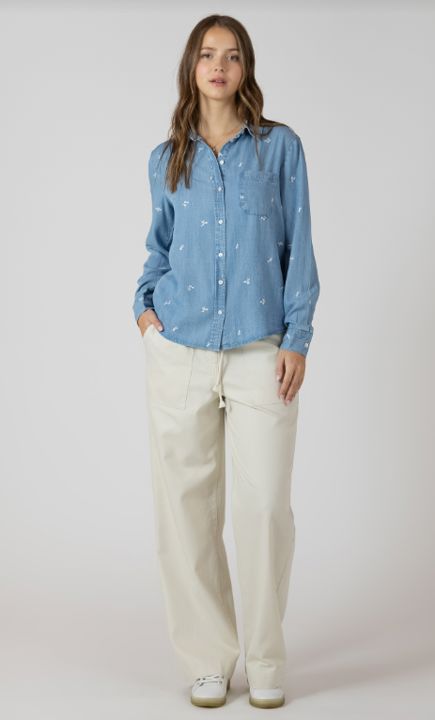 modern embroidered top women, casual button down women, wardrobe staple denim shirt, versatile embroidered shirt, soft denim shirt women, timeless button down women