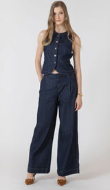 everyday denim trousers women, soft denim pants women, high rise denim pants, casual denim pants women, modern wide leg jeans