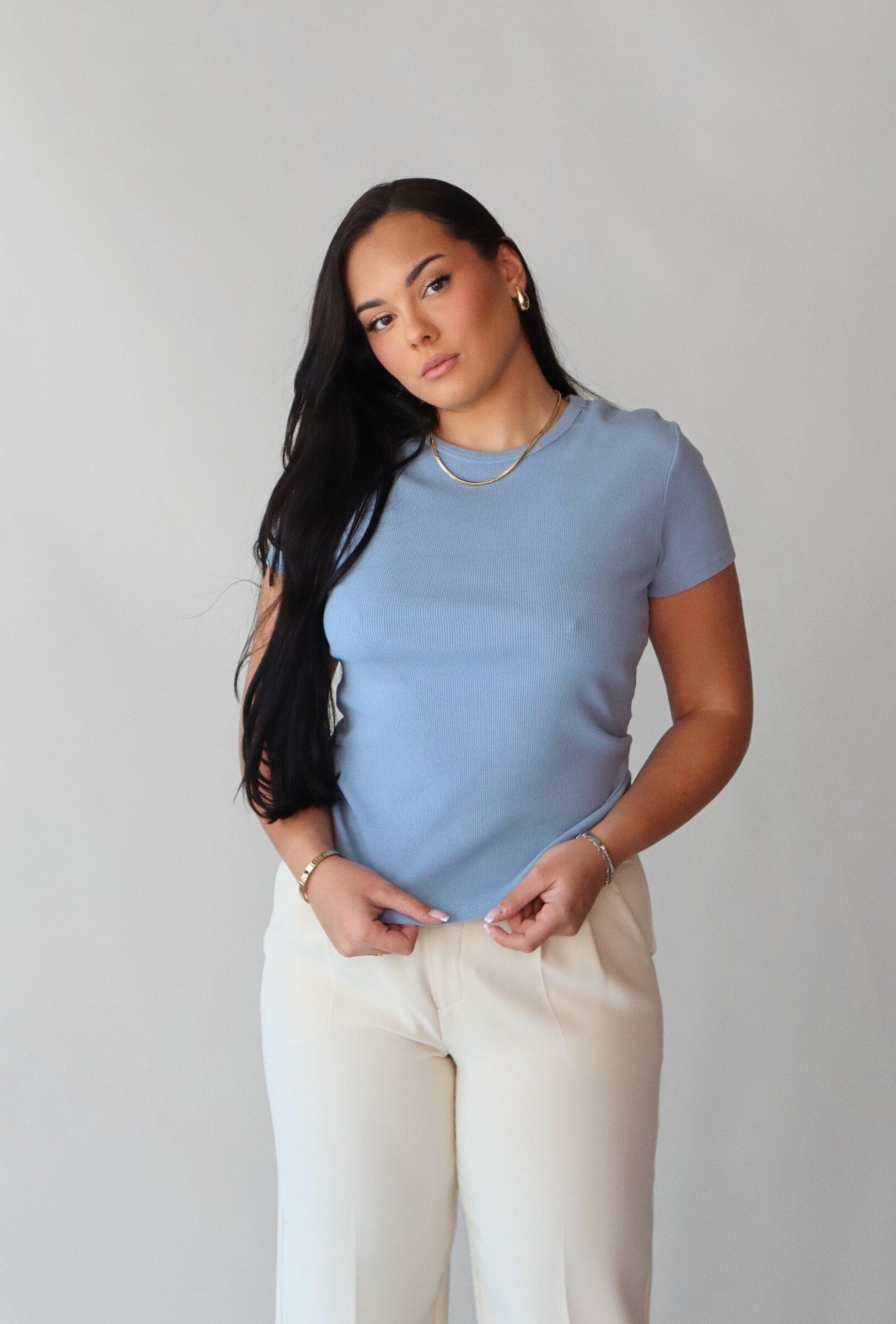 SHORT SLEEVE RIBBED TSHIRT (DENIM) Top RD STYLE 