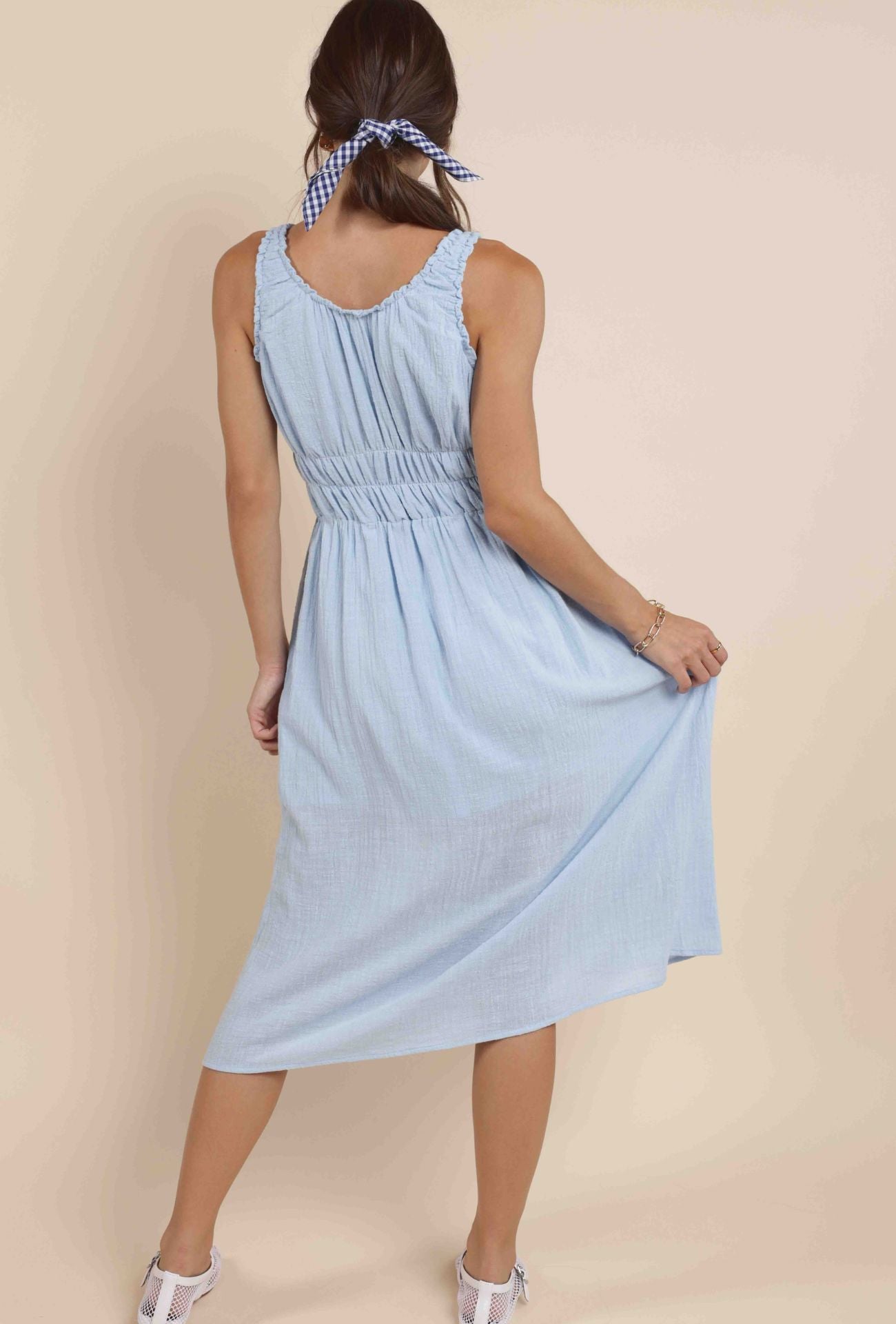 blue midi dress, ruched bodice summer dress