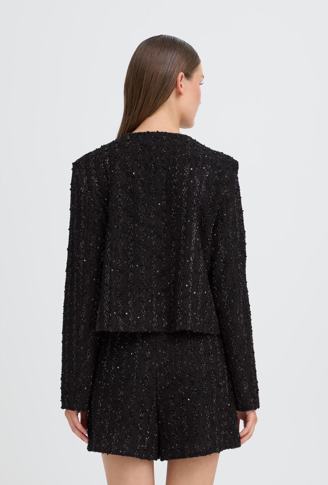 black tweed shimmer jacket, sparkly black cropped jacket, textured festive outerwear
