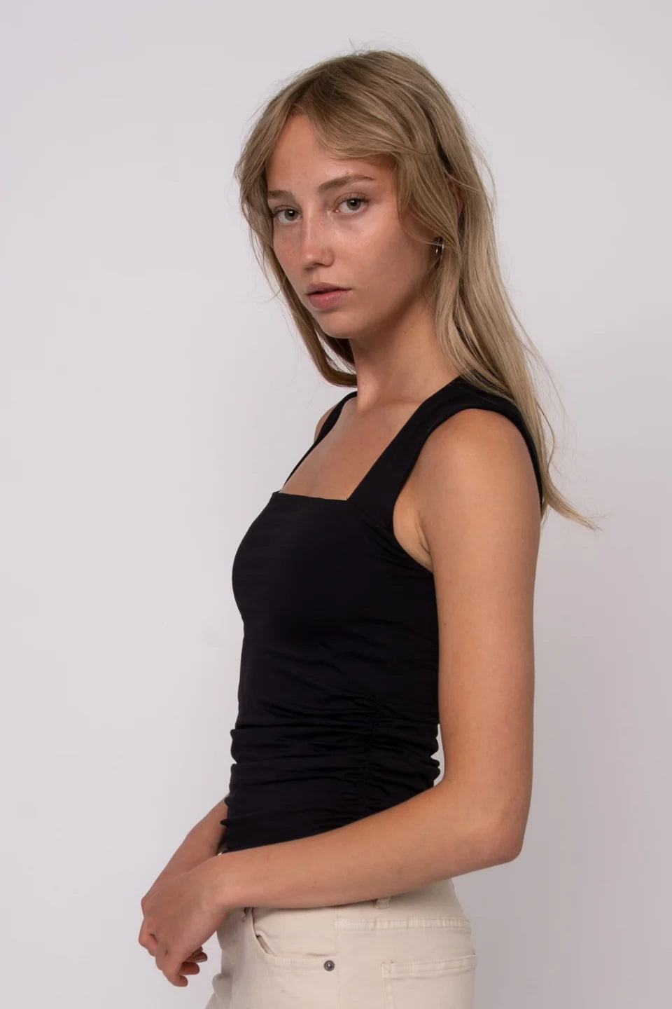 SELENE SQUARE NECK RUCHED TANK- BLACK