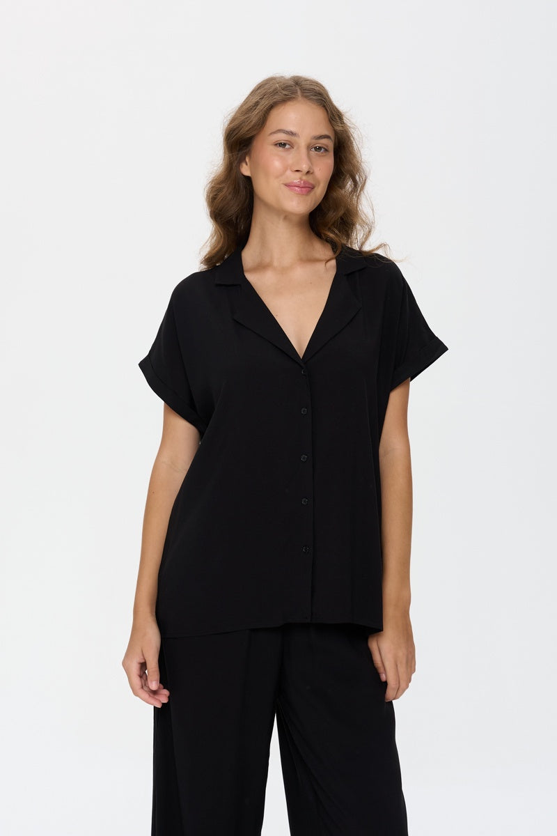 24 clothing, black blouse women, flowy black button up, relaxed fit blouse, lightweight black shirt, women’s black top, casual chic blouse