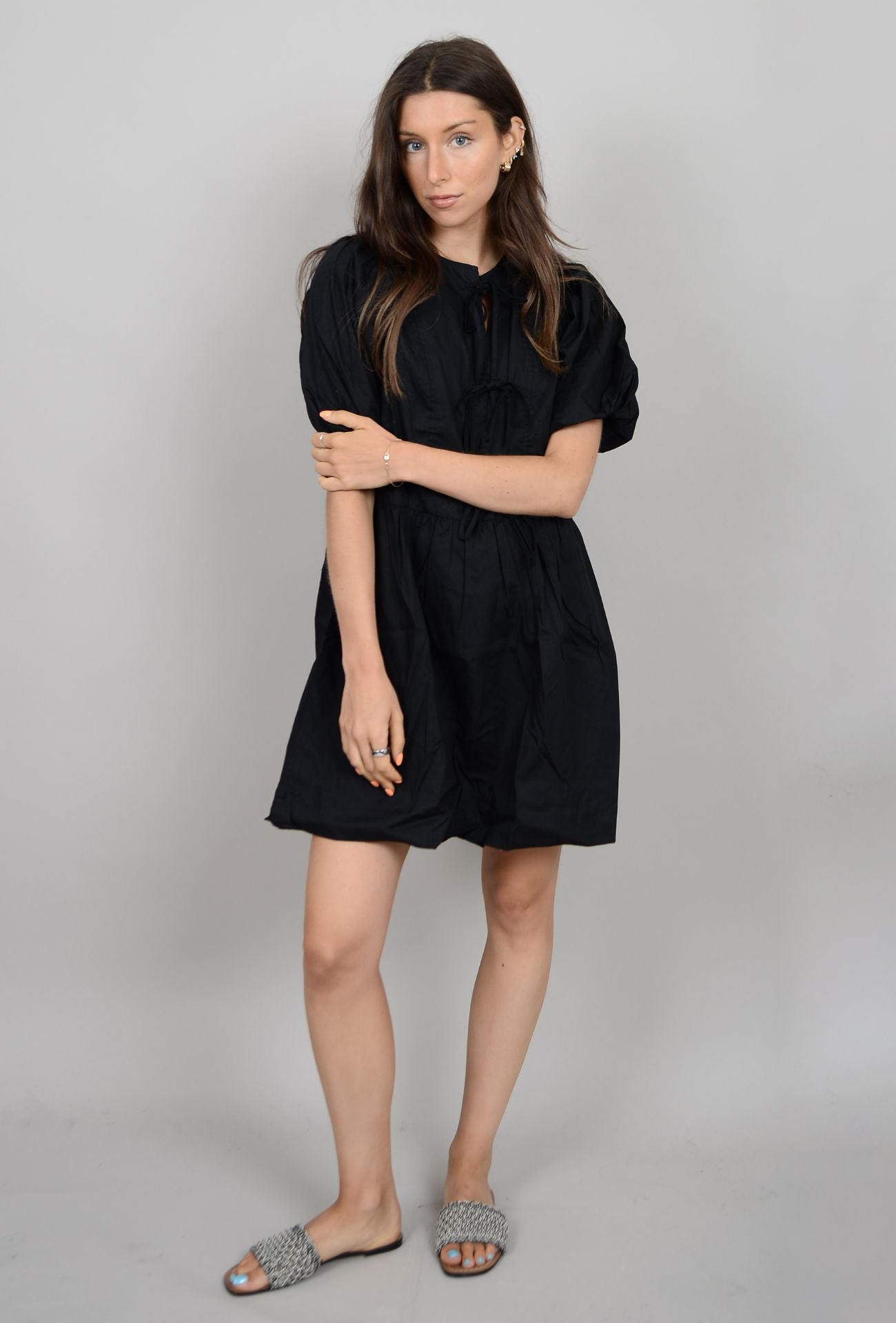FRONT TIE PUFF SLEEVE PEPLUM DRESS (BLACK) Dress RD STYLE 