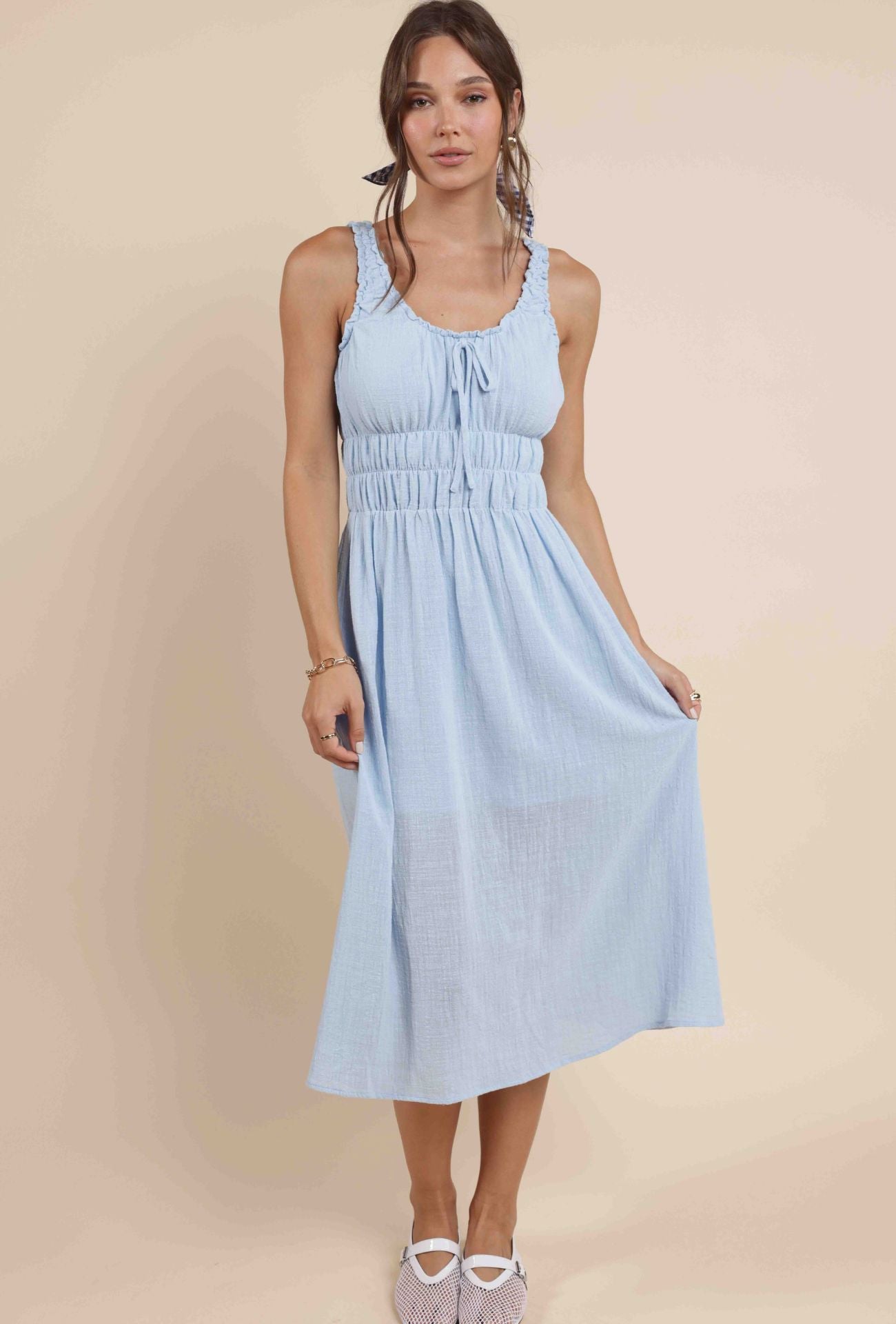 SCRUNCHY DETAILED MIDI DRESS, SADIE AND SAGE 