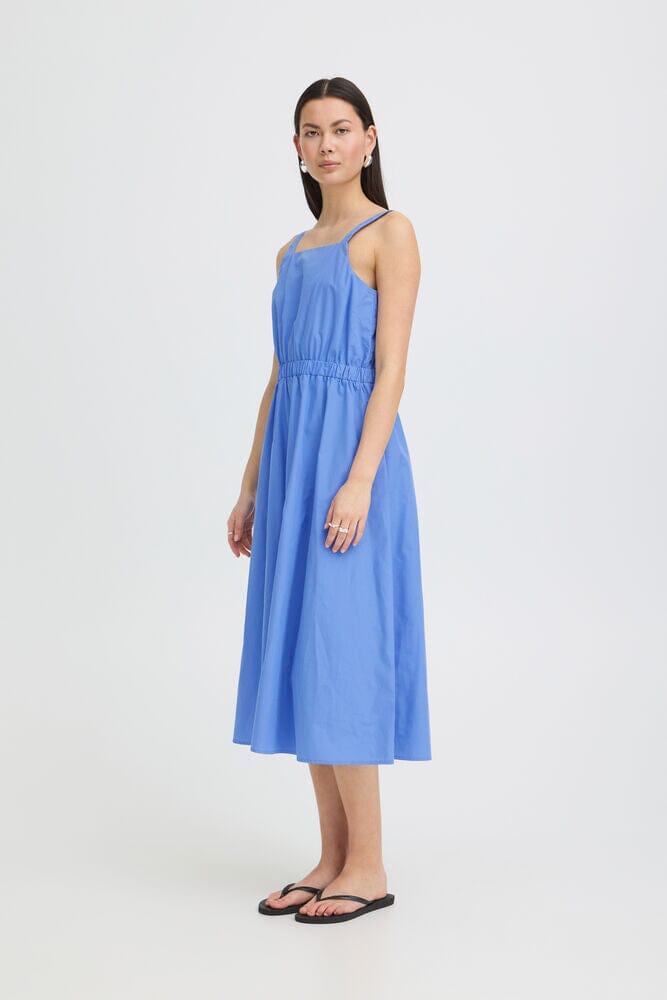 timeless blue midi dress, relaxed fit blue dress, breathable blue dress women, simple blue dress outfit